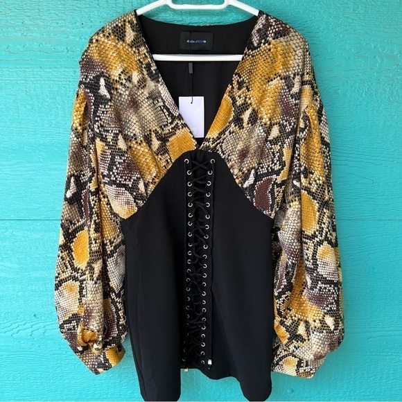 SHADES OF BLONDE LACE UP BALLOON SLEEVES REPTILE PRINT MINI DRESS SIZE LARGE NWT - Picture 6 of 10